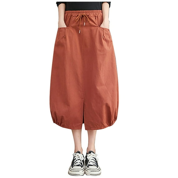 High Waisted Jean Skirt Women's Baggy Skirts Elastic Waist Loose Fitting Skirt Casual Mid-Length Skirt Baggy Lantern Skirt Flowy Skirt Orange XL