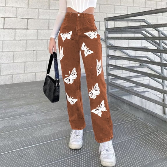 High Waisted Jeans For Women Straight Leg Butterfly Print Stretch Denim Pants Fashion Lightweight Outdoor Hiking Pants With Pocket Brown M