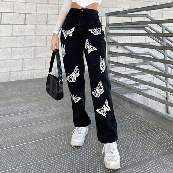High Waisted Jeans For Women Straight Leg Butterfly Print Stretch Denim Pants Fashion Lightweight Travel Long Jeans With Pocket Black L