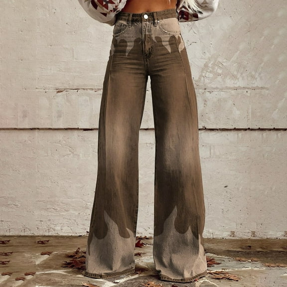 High Waisted Jeans For Women Straight Leg Graphics Print Fashion Elastic Denim Pants Comfy Lightweight Workwear Classic Jeans Trousers Brown L