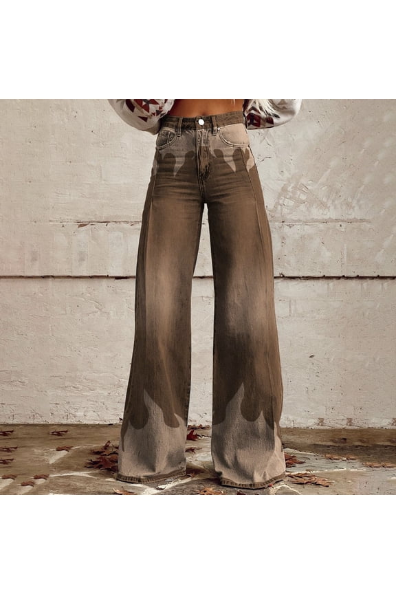High Waisted Jeans For Women Straight Leg Graphics Print Fashion Elastic Denim Pants Comfy Lightweight Workwear Classic Jeans Trousers Brown S