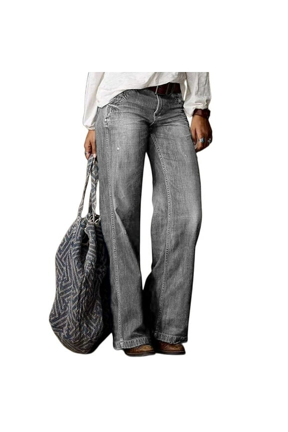 High Waisted Jeans For Women Straight Leg Loose Fit Vintage Elastic Denim Pants Comfy Lightweight Outdoor Hiking Pants With Pocket Dark Gray L