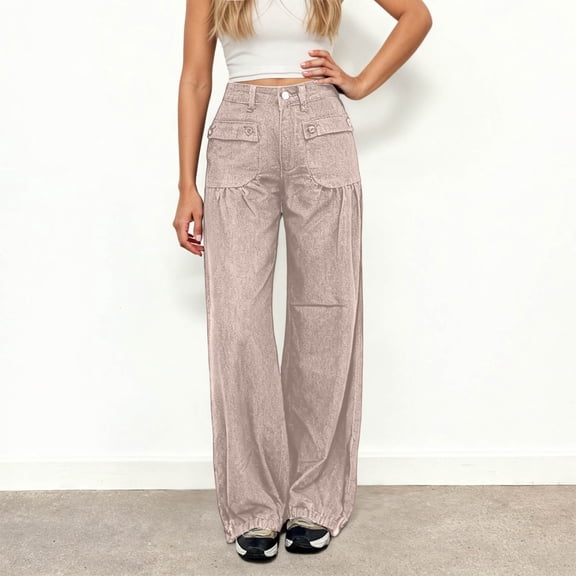 High Waisted Jeans For Women Straight Leg Relaxed Fit Vintage Elastic Denim Pants Comfort Street Travel Long Jeans With Pocket Beige L