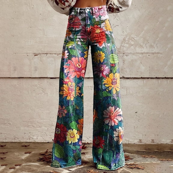 High Waisted Jeans For Women Wide Leg Graphics Print Fashion Elastic Denim Pants Lightweight Comfort Outdoor Hiking Pants With Pocket Dark Green L