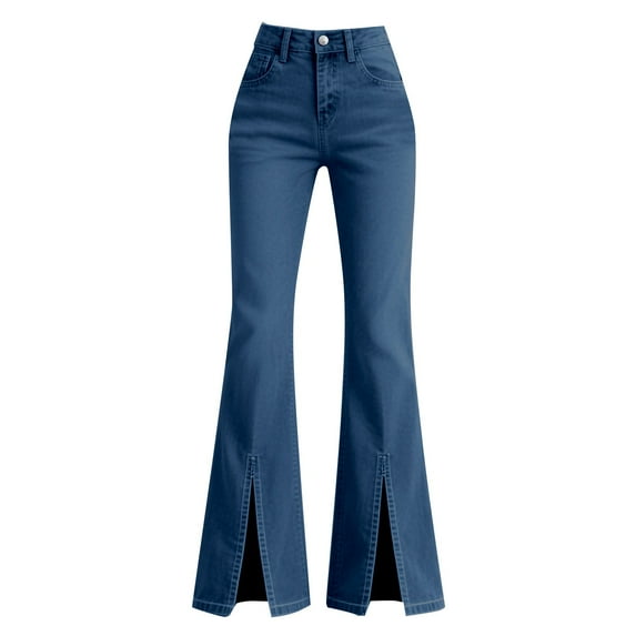 High Waisted Jeans for Women, Comdrip Split Jeans Women's Versatile Elastic Straight Leg High Waist Slimming Flared Wide Leg Pants Flare Jeans for Women Blue L