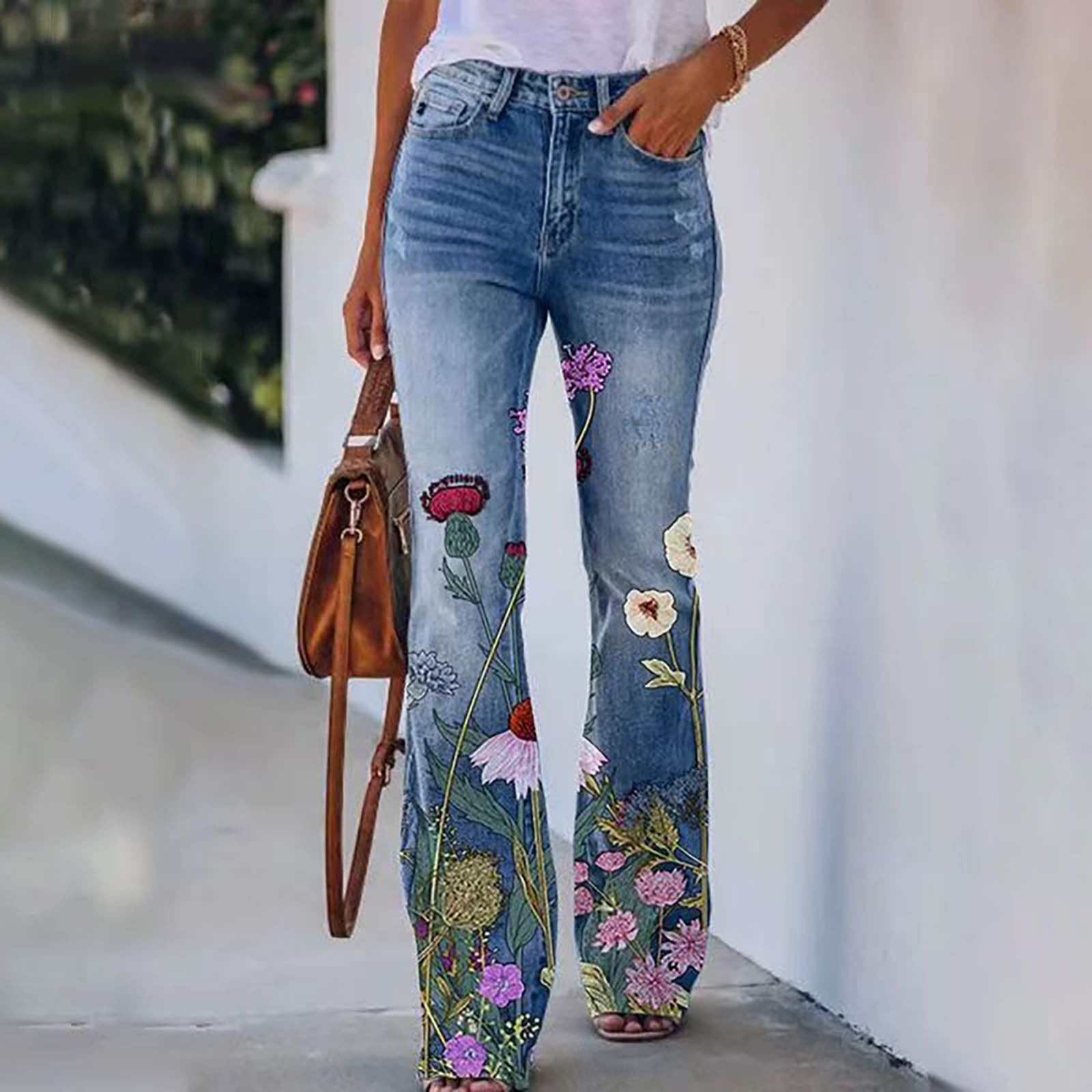 High Waisted Jeans for Women 2023 Summer Button Floral Print Flare Denim  Bottom Bell Stretch Straight Leg Pants