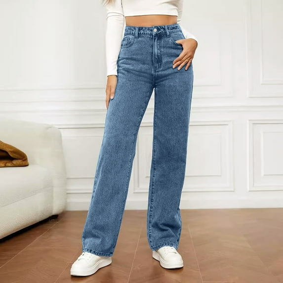 High Waisted Jeans for Women Distressed Relaxed Straight Leg Denim Jeans for Casual Comfort And Stylish Denim Pants Travel with Pockets Blue M