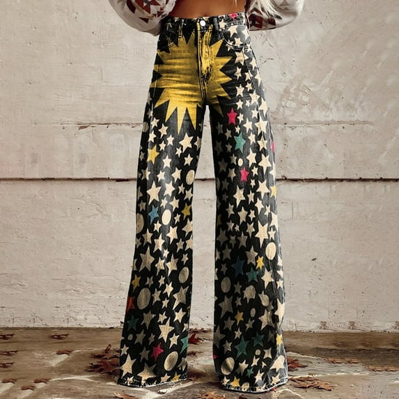 High Waisted Jeans for Women Wide Leg Fashion Casual Denim Pants Floral Printed Pull On Baggy Trousers Denim Pants Fall 2025 with Pocket