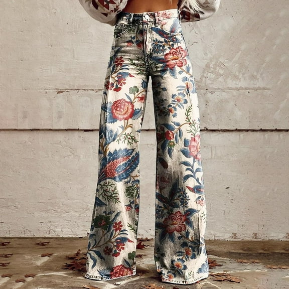 High Waisted Jeans for Women Wide Leg Fashion Casual Denim Pants Floral Printed Pull On Baggy Trousers Denim Pants Fall 2025 with Pocket