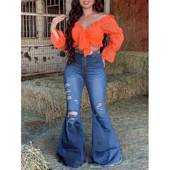 High-Waisted Ladies Denim Trousers With Holes And Flared Trousers