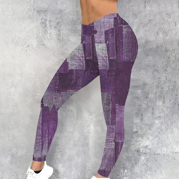 High Waisted Leggings For Women Fashion Imitation Denim Printed Tight Trousers Workout Sport Elastic Yoga Pants Purple XL