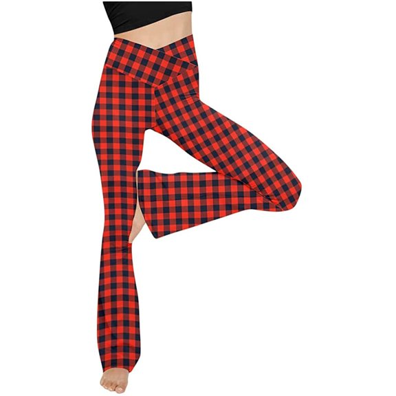 High Waisted Leggings For Women Plaid Print Cozy Soft Elastic Lightweight Yoga Trousers Casual Tights Tummy Control Running Pants Red L