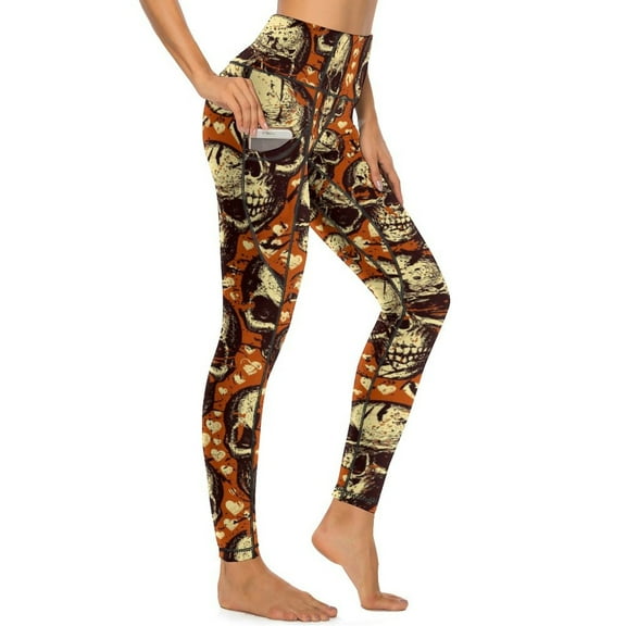 High Waisted Leggings for Women, Skulls And Hearts Tummy Control Yoga Pants with Pockets, Womens Workout Compression Pilates Leggings Stretch Athletic Running Yoga Pants