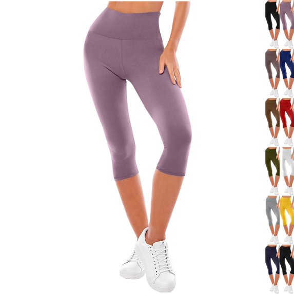 High Waisted Leggings for Women - Full Length Capri Buttery Soft Yoga Pants for Workout Athletic Purple M