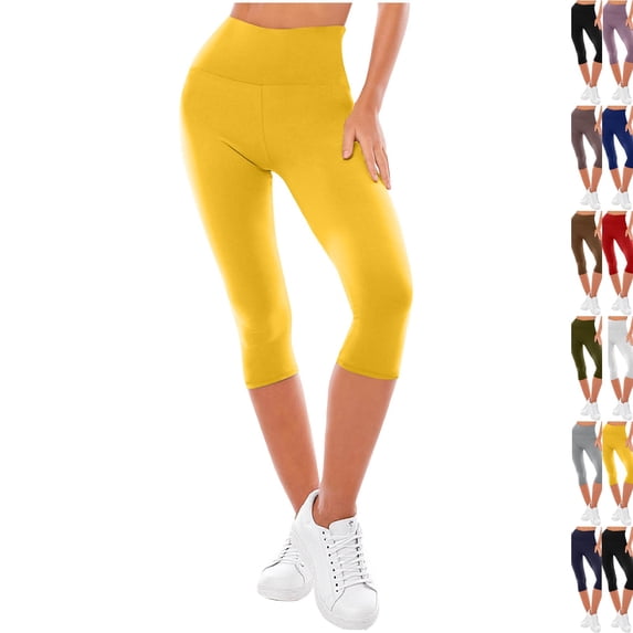 High Waisted Leggings for Women - Full Length Capri Buttery Soft Yoga Pants for Workout Athletic Yellow L