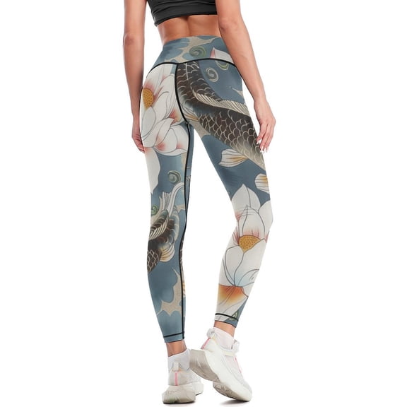 High Waisted Leggings for Women Regular & Plus - No See Through Tummy Control Cycling Workout Yoga Pants without Pockets Koi Fish Vintage Flower S