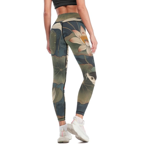 High Waisted Leggings for Women Regular & Plus - No See Through Tummy Control Cycling Workout Yoga Pants without Pockets Koi Fish Vintage Lotus S