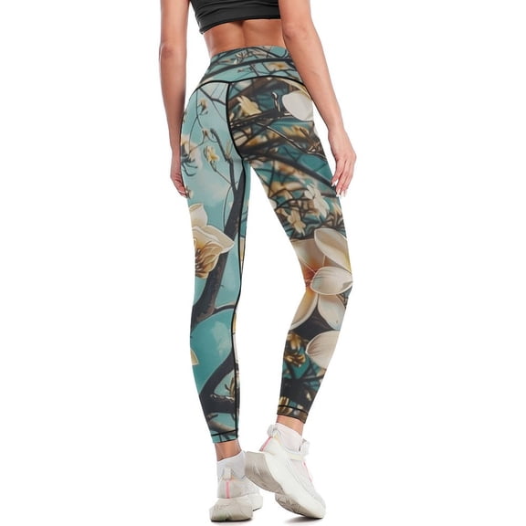High Waisted Leggings for Women Regular & Plus - No See Through Tummy Control Cycling Workout Yoga Pants without Pockets Plumeria Flowers S