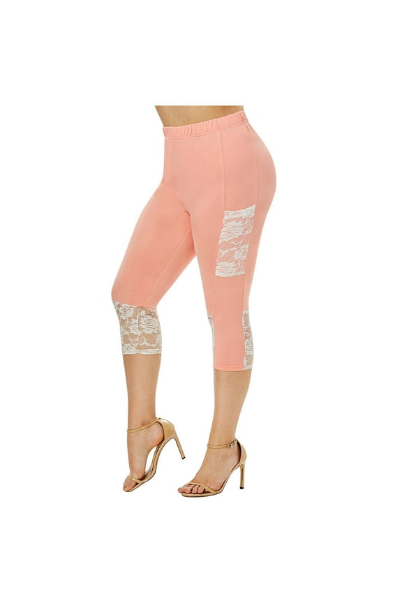 High Waisted Leggings for Women Solid Lace Patchwork Elastic Waist Casual Yoga Pants Pink XXXXL