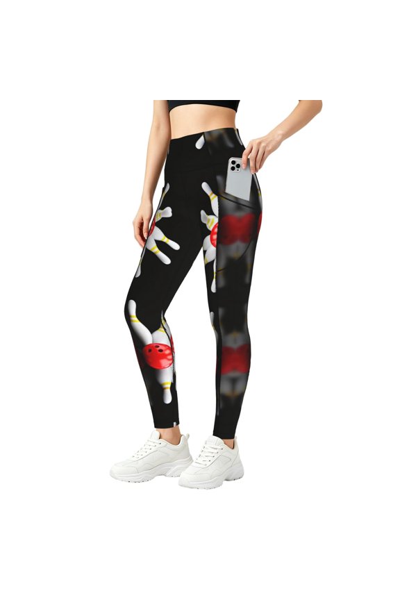 High Waisted Leggings for Women with Pockets Bowling Bottle Print Tummy Control Pants for Yoga Running & Daily Wear Small