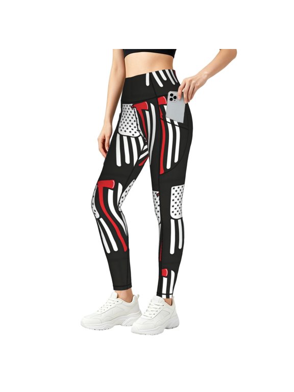High Waisted Leggings for Women with Pockets Firefighting Art Firefighter Flag Tummy Control Pants for Yoga Running & Daily Wear Small