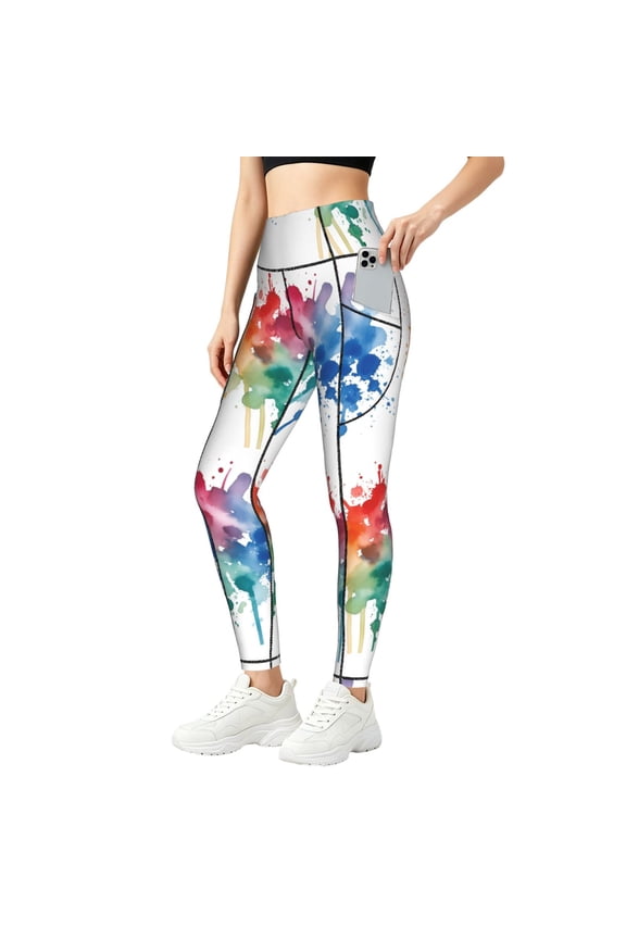 High Waisted Leggings for Women with Pockets Paint Splatter Colorful Tummy Control Pants for Yoga Running & Daily Wear Small