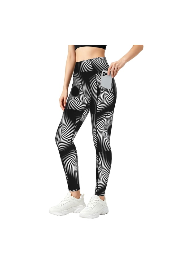 High Waisted Leggings for Women with Pockets Rotational Motion Illusion Psychedelic Tummy Control Pants for Yoga Running & Daily Wear Small