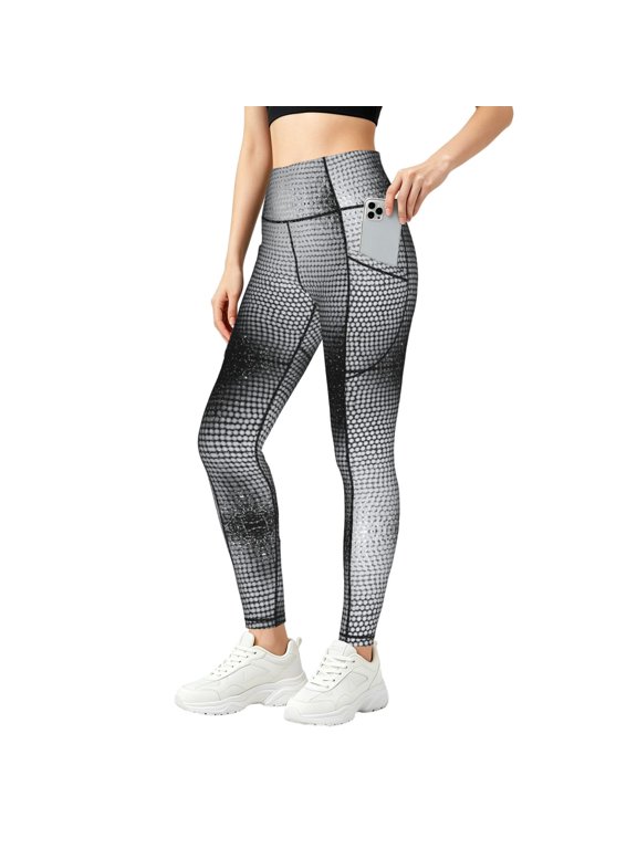 High Waisted Leggings for Women with Pockets Silver Print Tummy Control Pants for Yoga Running & Daily Wear Small