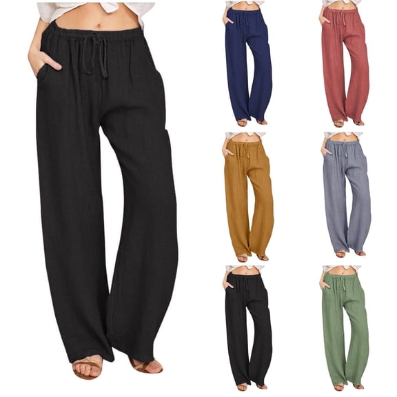 High Waisted Linen Pants for Women Flowy Wide Leg Palazzo Pants Casual Boho Drawstring Lounge Beach Trousers Spring Summer Black M
