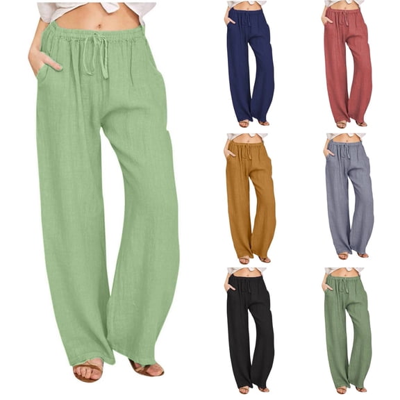 High Waisted Linen Pants for Women Flowy Wide Leg Palazzo Pants Casual Boho Drawstring Lounge Beach Trousers Spring Summer Green XL