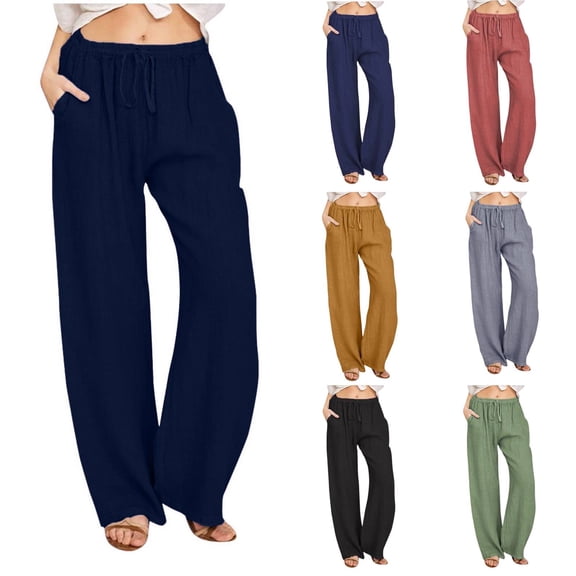 High Waisted Linen Pants for Women Flowy Wide Leg Palazzo Pants Casual Boho Drawstring Lounge Beach Trousers Spring Summer Navy S