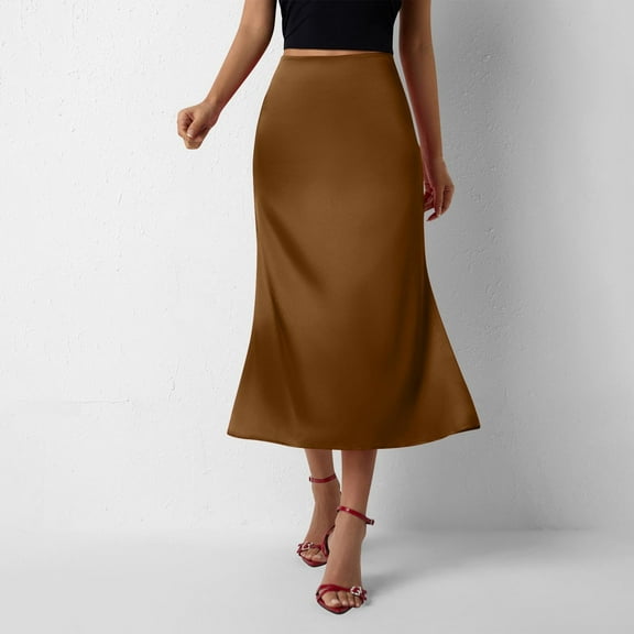 High Waisted Maxi Skirt Women's Midi Satin Skirt High Waisted Elegant Dressy Work Skirts Solid Color A-Line Flowy Skirts for Party Wedding Brown XXL