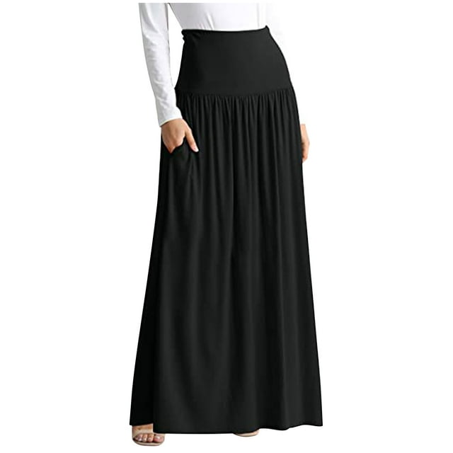 High Waisted Maxi Skirts for Women with Pockets Ankle Length Pleated ...