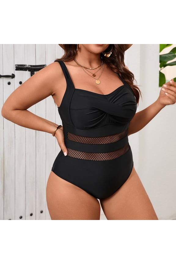 High Waisted One Piece Swimsuit for Women Vintage Ruched Open Back Slimming Bodycon Twist Front Black Swimwear L-5XL