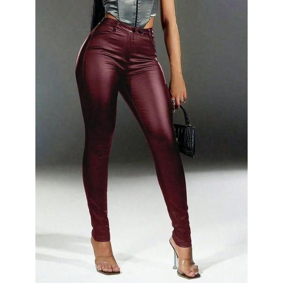 High-Waisted PU Leather Slant Pocket Skinny Stretchy Tapered Pants with Double Button Punk Style