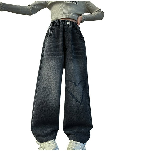 High Waisted Pants Jeans for Girls Heart Wide Leg Denim Jeans with Pocket Loose Elastic Waist Trousers Black,15 Years