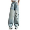 thumbnail image 1 of High Waisted Pants Jeans for Girls Heart Wide Leg Denim Jeans with Pocket Loose Elastic Waist Trousers Light Blue,5 Years, 1 of 4