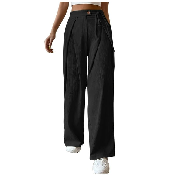 High Waisted Pants for Women Button Lace up Straight Wide Leg Pants Casual Comfy Summer Lounge Trousers Black