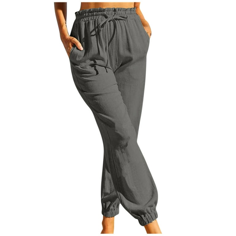 High Waisted Pants for Women Cotton Linen Drawstring Cinch Bottom Pants  Solid Casual Loose Fit Trousers with Pocket