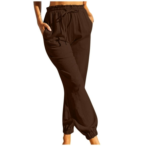 High Waisted Pants for Women Cotton Linen Drawstring Cinch Bottom Pants Solid Casual Loose Fit Trousers with Pocket