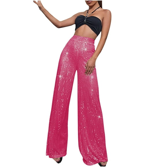 High Waisted Pants for Women Fashion Sequin Wide Leg Casual Loose Zipper Solid Flare Pants Party Clubwear Trousers(Hot Pink,M)