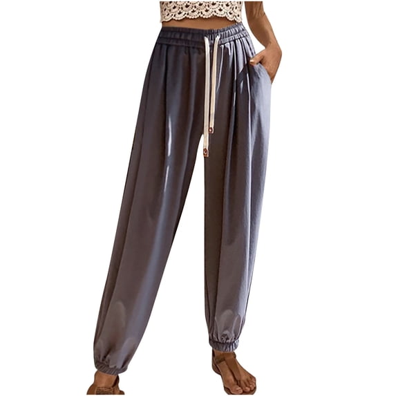 High Waisted Pants for Women Solid Color Drawstring Cinch Bottom Pants Casual Loose Fit Lounge Trousers with Pockets