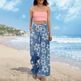 thumbnail image 1 of High Waisted Petite Wide Leg Palazzo Pants, Boho Beach Vacation Casual, Polyester Spandex, Blue S, Size S-3XL, 1 of 7