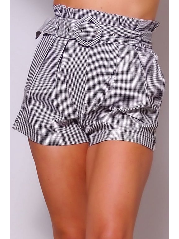 High Waisted Pleated & Belted Plaid Shorts S