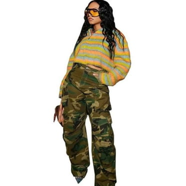 High Waisted Pocketed Denim Camouflage Cargo Jeans (XL, MultiGreen)
