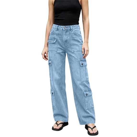 High Waisted Pockets Solid Color Summer Button Zipper Casual Denim Pants