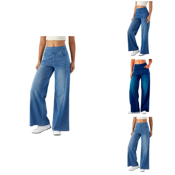 High Waisted Pull On Wide Leg Jeans, Stretchy Baggy Soft Denim Pants with Pockets, Trendy Straight Leg, Women's