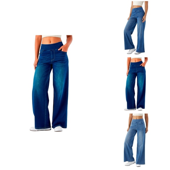 High Waisted Pull On Wide Leg Jeans, Stretchy Baggy Soft Denim Pants with Pockets, Trendy Straight Leg, Women's
