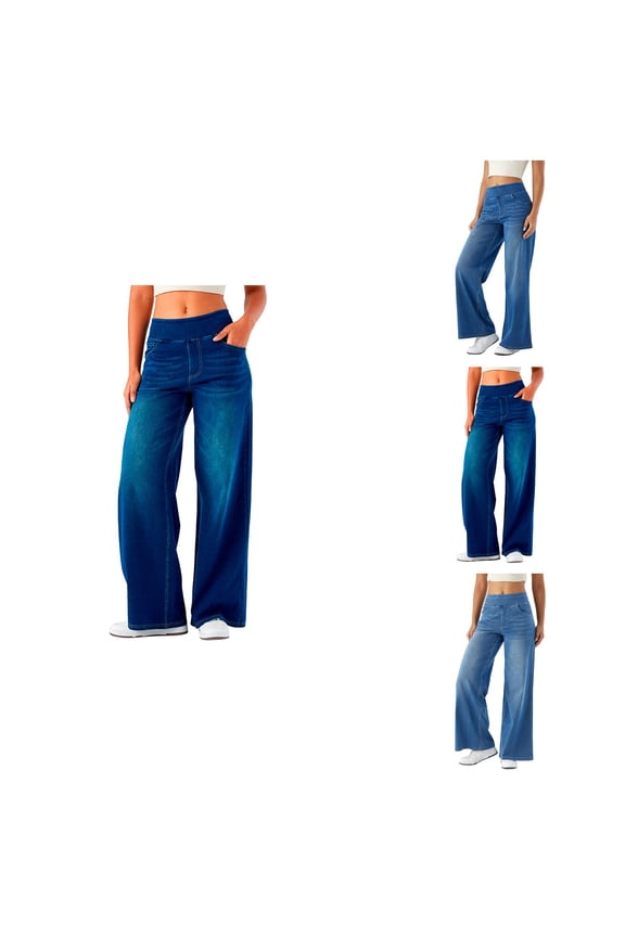 High Waisted Pull On Wide Leg Jeans, Stretchy Baggy Soft Denim Pants with Pockets, Trendy Straight Leg, Women's