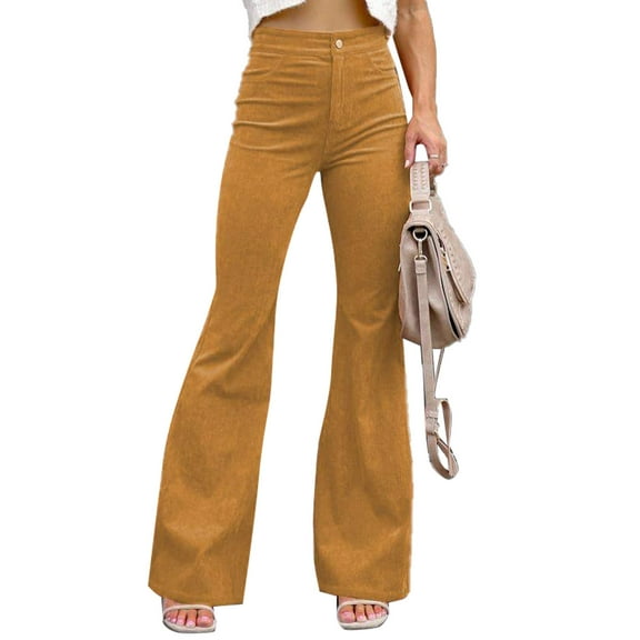 High Waisted Pure Color Corduroy Trousers for Women - Gold XXL AutumnWinter Bell Bottom Flares Bienvenido